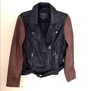 Lucky Brand Women Lamb Leather Jacket Black Brown Medium Bleted Moto Biker